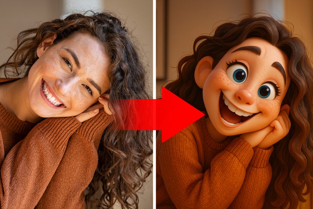 ChatGPT avec le prompt "Transforme cette photo en illustration style Pixar avec des proportions exagérées"