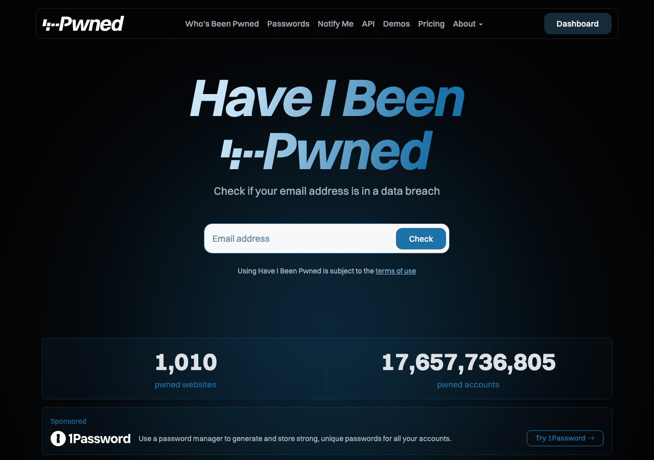 Capture d'écran du site haveibeenpwned.com