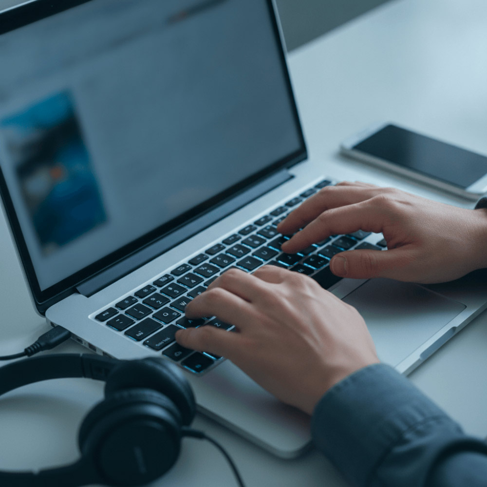 Mains tapant sur clavier de PC portable pendant simulation de journée de travail pour test d'autonomie batterie